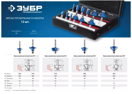 ЗУБР 12 шт, набор профильных фрез по дереву, Профессионал (28796-H12) купить в Надыме