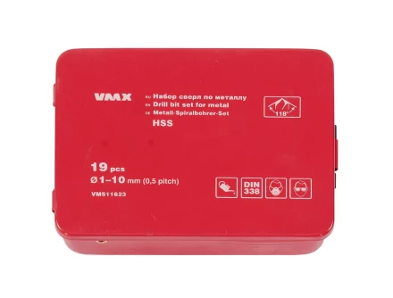 Набор сверл для металла HSS Ф1-10 мм шаг 0,5 мм 19 штук металлический футляр VMX 511623 купить в Надыме