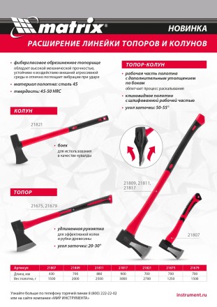 Топор-колун с клиновидным полотном 2500 г Matrix 21811, фибергласовое обрезиненное топорище 880 мм купить в Надыме