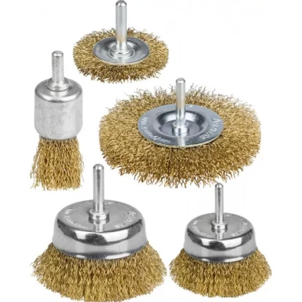 STAYER "PROFESSIONAL". Набор щеток-крацовок для дрели, витая стальная латунированная проволока 0,3мм, диск. 50,75мм, чаш. 50,75мм, кист. 25мм, 5шт 35157-H5_z01 купить в Надыме