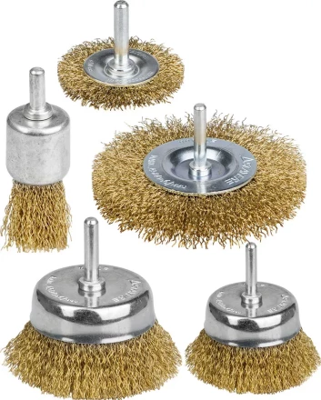 STAYER "PROFESSIONAL". Набор щеток-крацовок для дрели, витая стальная латунированная проволока 0,3мм, диск. 50,75мм, чаш. 50,75мм, кист. 25мм, 5шт 35157-H5_z01 купить в Надыме