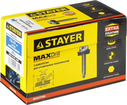 Саморезы СКД кровельные, RAL 5005 синий насыщенный, 51 х 4.8 мм, 250 шт, для деревянной обрешетки, STAYER 30305-48-051-5005 купить в Надыме