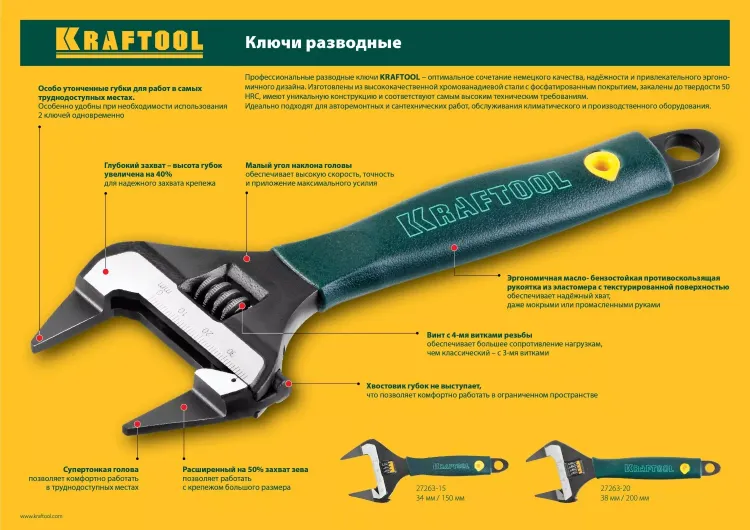 Ключ разводной SlimWide-S, 200 / 38 мм, KRAFTOOL 27263-20 купить в Надыме