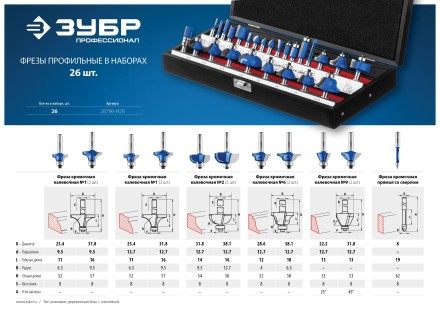 ЗУБР 26 шт, набор профильных фрез по дереву, Профессионал (28796-H26) купить в Надыме