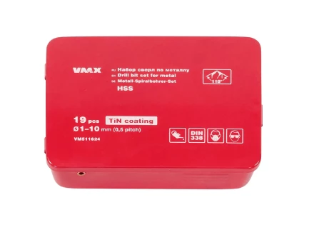 Набор сверл для металла HSS Ф1-10 мм шаг 0,5 мм покрытие TiN 19 штук металлический футляр VMX 511624 купить в Надыме