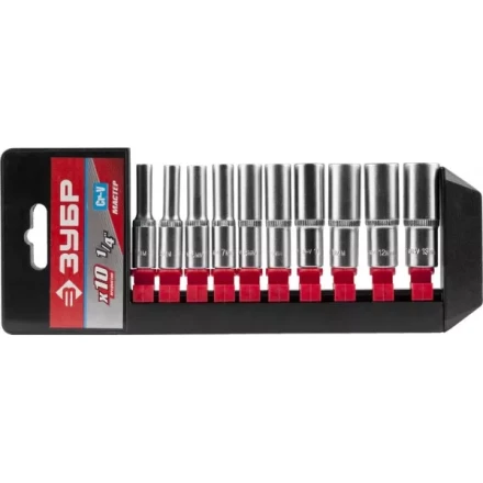 Набор ЗУБР "МАСТЕР": Торцовые головки (1/4") удлиненные на пластиковом рельсе, Cr-V, 4-13мм, 10 предметов 27657-H10 купить в Надыме