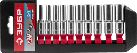 Набор ЗУБР "МАСТЕР": Торцовые головки (1/4") удлиненные на пластиковом рельсе, Cr-V, 4-13мм, 10 предметов 27657-H10 купить в Надыме