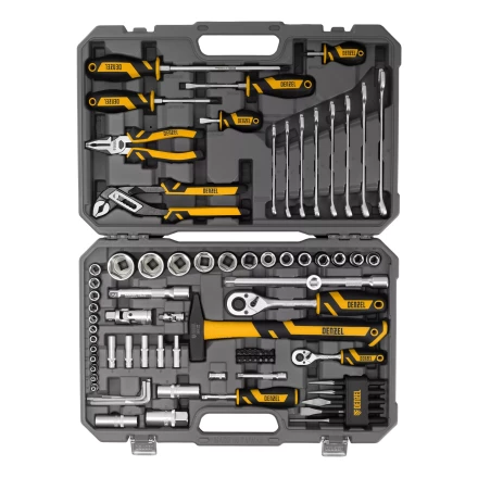 Набор инструментов Denzel 15802, 1/2", 1/4", CrV, S2, пластиковый кейс, 84 предмета купить в Надыме