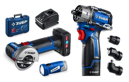 ЗУБР КОМБИ #5 набор: дрель-шуруповерт + мини УШМ + LED фонарь, BRUSHLESS, 12 В, 45 Н·м, 2 АКБ тип Т7 (4 и 2 А·ч), кейс, Профессионал (DB-125-42ABF) купить в Надыме