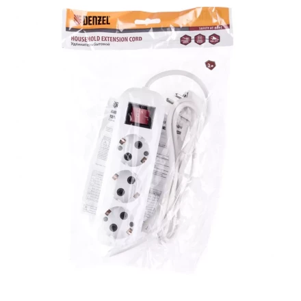 Удлинитель бытовой с заземлением и выключателем 2 м 3 розетки 10 A серия УХз10 Denzel 95970 купить в Надыме