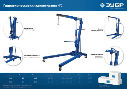 ЗУБР КГС-1, 1 т, 25 - 2060 мм, складной гидравлический кран, Профессионал (43011-1) купить в Надыме