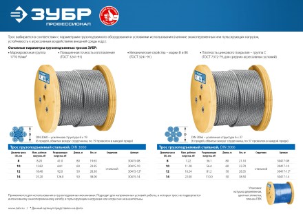 ЗУБР DIN 3066, свивка 6 х 37 + IWR, 10 мм, L 60 м, грузоподъемный стальной трос, Профессионал (30417-10) купить в Надыме