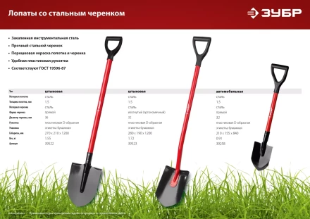ЗУБР МАСТЕР, 280 х 190 х 1200 мм, полотно 1.5 мм, закалено, стальной изогнутый черенок с рукояткой, штыковая лопата (39523) купить в Надыме