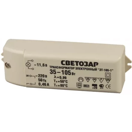 Трансформатор СВЕТОЗАР электронный для галогенных ламп напряжением 12В, вход/выход с одной стороны, 35-105Вт SV-44961 купить в Надыме