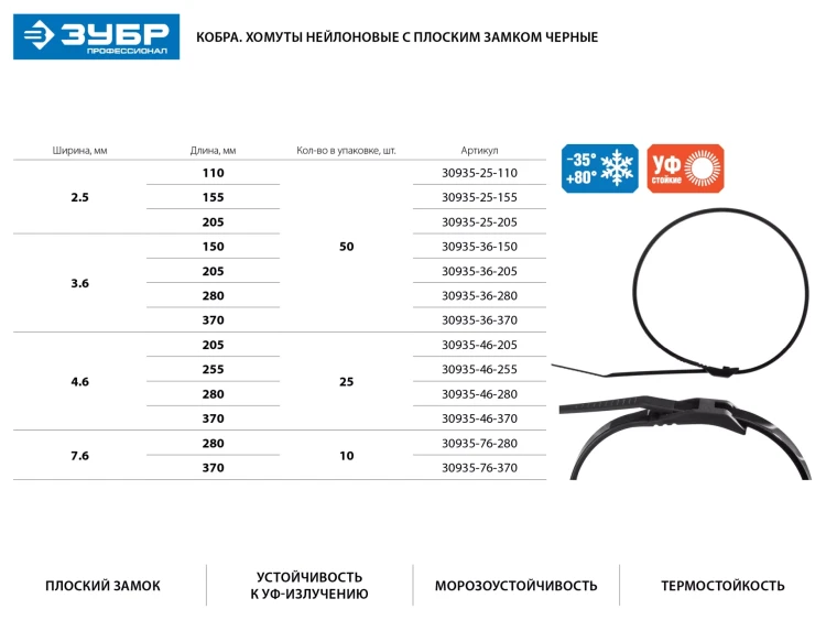 Кабельные стяжки черные КОБРА, с плоским замком, 7.6 х 280 мм, 10 шт, нейлоновые, ЗУБР 30935-76-280 купить в Надыме