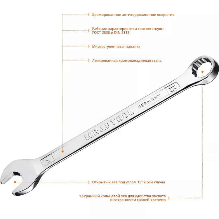 Ключи комбинированные KRAFTOOL, Cr-V, DIN 3113 27079-14 купить в Надыме