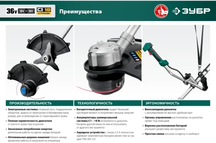 ЗУБР С1-18, 36 В, 35/25.5 см, 2х18 В АКБ (2 А·ч), бесщеточный триммер (ТАБ-365-22) купить в Надыме