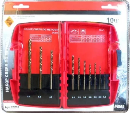 Набор сверл д/мет.Р6М5  10шт.(1-10мм) 6/6/36 25210 купить в Надыме