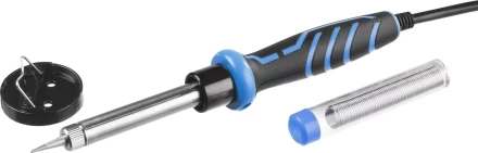 Паяльник ЗУБР "ПРОФЕССИОНАЛ" с двухкомпонентной рукояткой и защитным колпачком в наборе с припоем и подставкой, 60Вт, конус 55402-60_z01 купить в Надыме