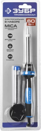 Паяльник ЗУБР "ПРОФЕССИОНАЛ" с двухкомпонентной рукояткой и защитным колпачком в наборе с припоем и подставкой, 60Вт, конус 55402-60_z01 купить в Надыме