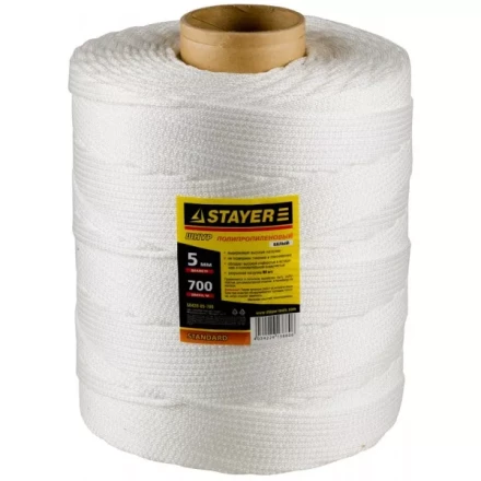 Шнур STAYER "STANDARD" хозяйственно-бытовой, полипропиленовый, вязанный, без сердечника, белый, d 5, катушка 700м 50420-05-700 купить в Надыме