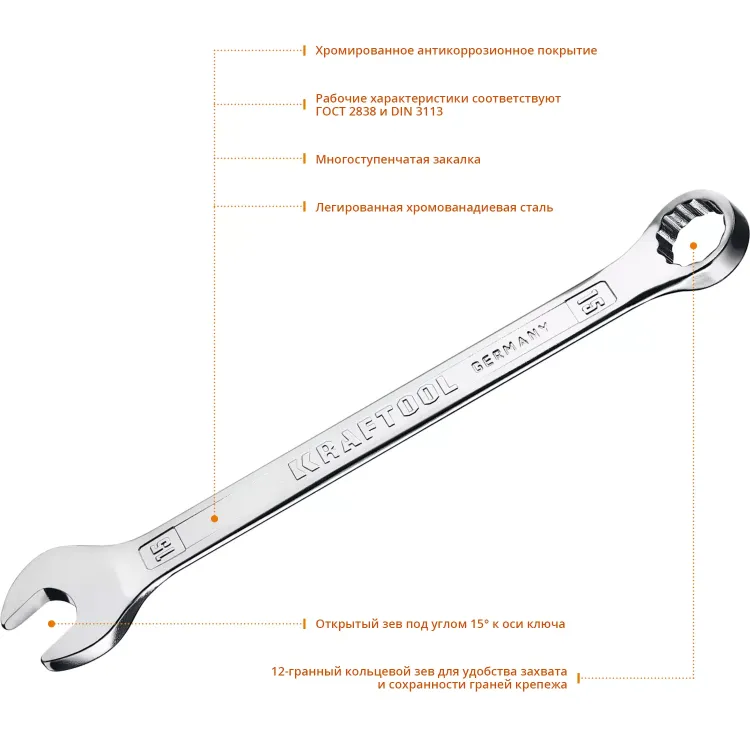 Ключи комбинированные KRAFTOOL, Cr-V, DIN 3113 27079-15 купить в Надыме