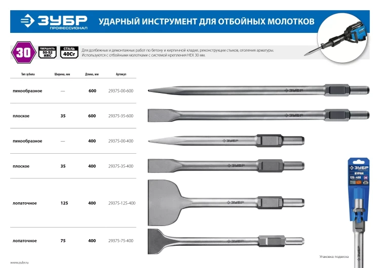 ЗУБР БУРАН, 35 х 400 мм, HEX 30, плоское зубило (29375-35-400) купить в Надыме