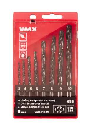 Набор сверл для металла HSS Ф3-10 мм 8 штук пластиковый футляр VMX 511622 купить в Надыме