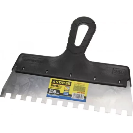 Шпатель STAYER "PROFESSIONAL" нержавеющий зубчатый с пластмассовой ручкой, 250мм, зуб 10х10мм 1009-25-10 купить в Надыме