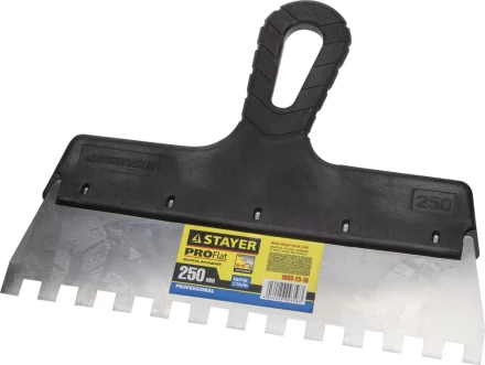 Шпатель STAYER "PROFESSIONAL" нержавеющий зубчатый с пластмассовой ручкой, 250мм, зуб 10х10мм 1009-25-10 купить в Надыме