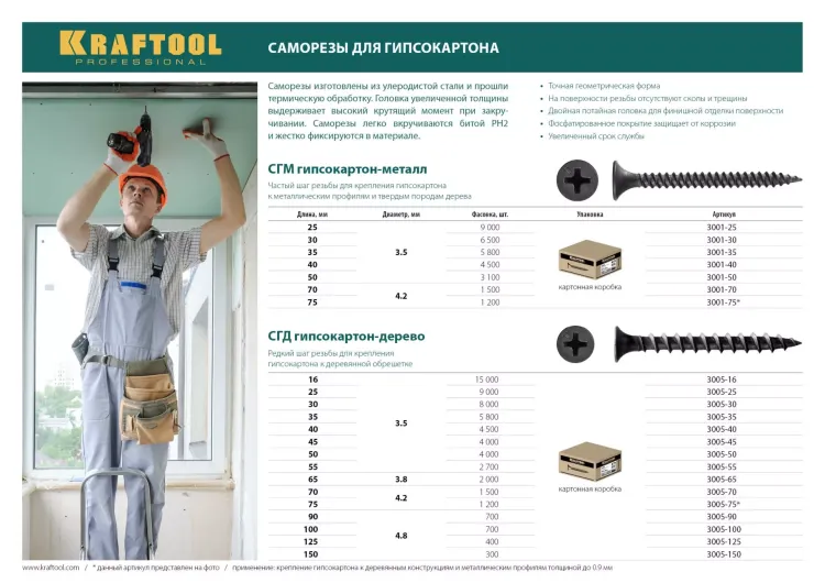 Саморезы СГМ гипсокартон-металл, 35 х 3.5 мм, 5 800 шт, фосфатированные, KRAFTOOL 3001-35 купить в Надыме