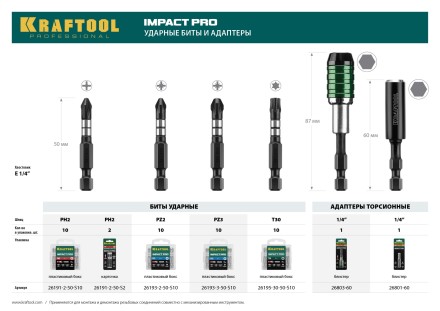 Биты для ударных шуруповертов KRAFTOOL Impact Pro PH 26191-2-50-S2 купить в Надыме