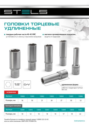 Головка торцевая удлиненная, 16 мм, шестигранная, CrV, под квадрат 1/2 Stels 13880 купить в Надыме