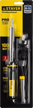 Паяльник PROTerm с двухкомпонентной рукояткой, в комплекте с припоем и подставкой, жало - клин, STAYER Professional 55300-100, 100 Вт 55300-100 купить в Надыме