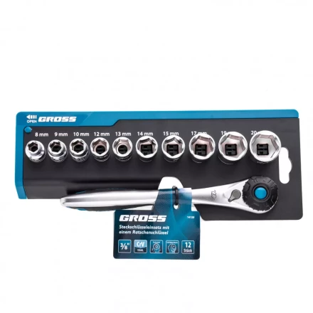 Набор торцевых головок трещотка 120 зубьев 12 предметов 3/8" CrV Gross 14139 купить в Надыме