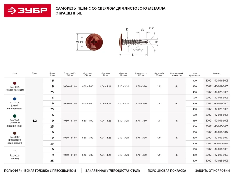 Саморезы ЗУБР с прессшайбой и сверлом по листовому металлу до 2мм, окрашенные в RAL-8017, PH2, 4,2х25мм, 400шт 300211-42-025-8017 купить в Надыме