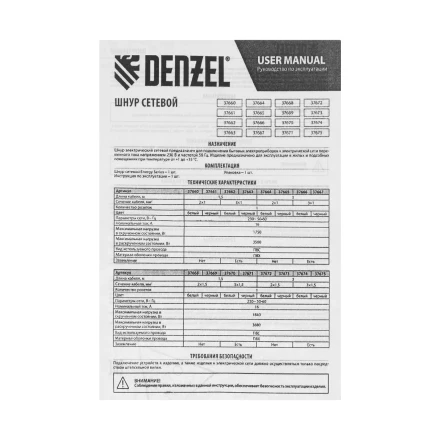 Шнур сетевой Denzel Energy Series, ПВС, 3 м, 3 x 1,5 мм, с неразборной вилкой, белый, 3 м, 37674 купить в Надыме