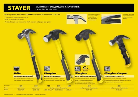 Молоток-гвоздодер "Fiberglass-M" с фиберглассовой рукояткой, с магнитом, 450 г, STAYER Professional 2027-450 купить в Надыме