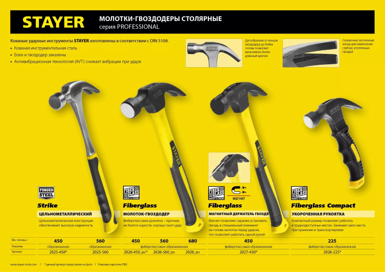 Молоток-гвоздодер "Fiberglass-M" с фиберглассовой рукояткой, с магнитом, 450 г, STAYER Professional 2027-450 купить в Надыме