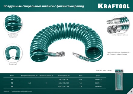 Воздушный спиральный шланг KRAFTOOL с фитингами рапид 8х12 мм 06590-20 купить в Надыме