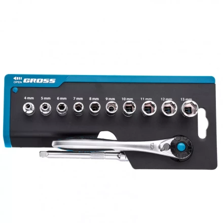 Набор торцевых головок трещотка 120 зубьев 12 предметов 1/4" CrV Gross 14141 купить в Надыме