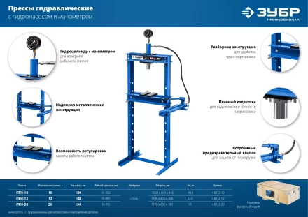 ЗУБР ПГН-10, 10 т, гидравлический пресс с гидронасосом и манометром, Профессионал (43072-10) купить в Надыме