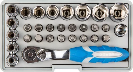 Набор ЗУБР "ЭКСПЕРТ": Биты 16шт,торцов головки с мини трещоткой 12шт,адаптер для бит SQ 1/4"хHex 1/4",удлинит 1/4"/80мм 26054-H31 купить в Надыме