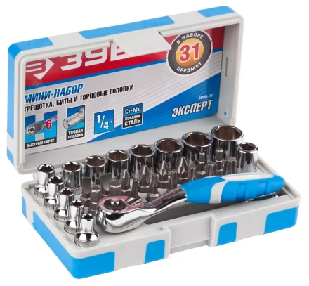 Набор ЗУБР "ЭКСПЕРТ": Биты 16шт,торцов головки с мини трещоткой 12шт,адаптер для бит SQ 1/4"хHex 1/4",удлинит 1/4"/80мм 26054-H31 купить в Надыме