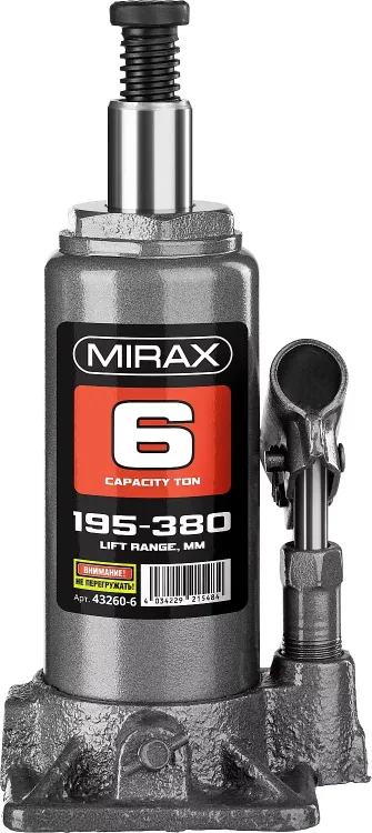 Домкрат гидравлический бутылочный, 6т, 195-380 мм, MIRAX 43260-6 43260-6 купить в Надыме