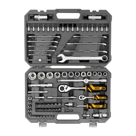 Набор инструментов Denzel, 1/2&quot;, 1/4&quot;, CrV, S2, пластиковый кейс, 82 предмета 15809 купить в Надыме