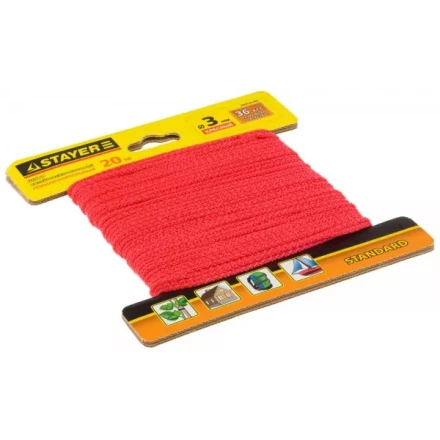 Шнур STAYER "STANDARD" хозяйственно-бытовой, полипропиленовый, вязанный, без сердечника, красный, d 3, 20м 50425-03-020 купить в Надыме