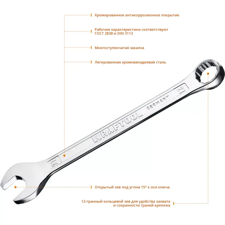 Ключи комбинированные KRAFTOOL, Cr-V, DIN 3113 27079-21 купить в Надыме