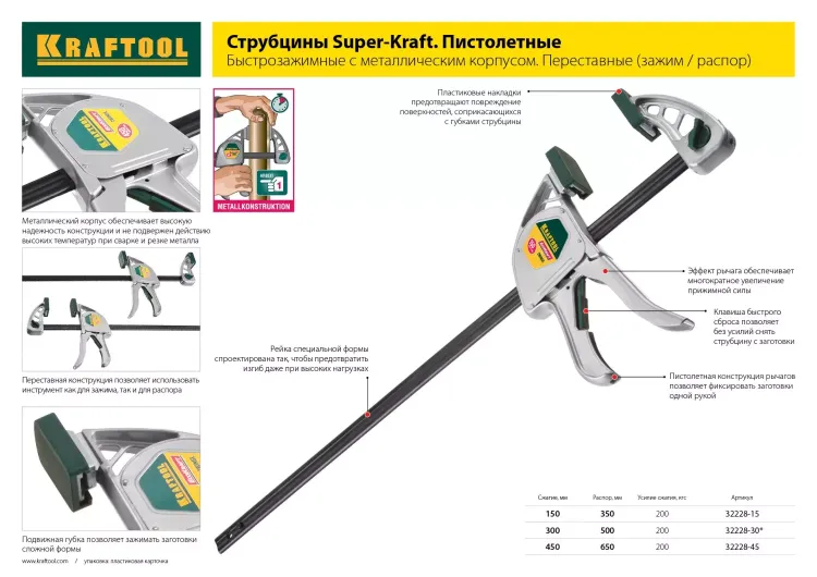 Струбцина "EcoKraft" ручная пистолетная, KRAFTOOL 32228-30, металлический корпус, 300/500мм, 200кгс 32228-30 купить в Надыме