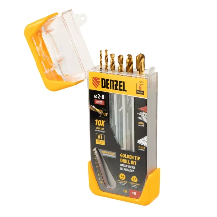 Набор сверл по металлу, 2-3-4-5-6-8 мм, HSS-Tin, Golden Tip, 6 шт Denzel 72300 купить в Надыме